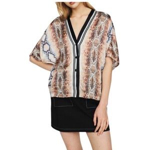 Maje Snake-Print V-Neck Short Sleeve Top - Brown & Black